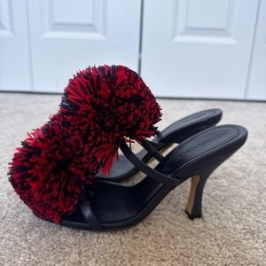 Bottega Veneta Adam navy and red sandal mule heels with Red Pom-Poms